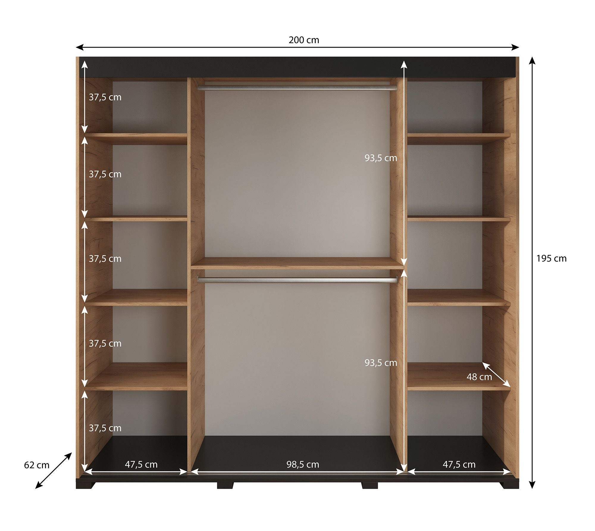 Meubella - Kledingkast Fabio - Eiken - 200 cm - Met spiegel