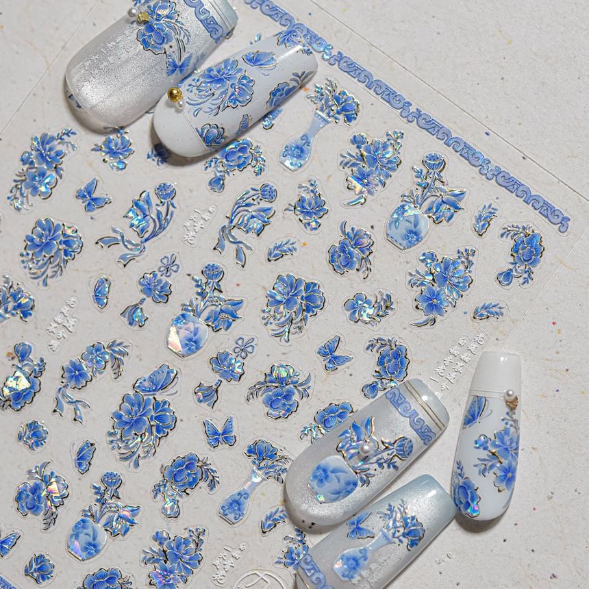 dainlili - Blauwe en witte porseleinen nagelstickers