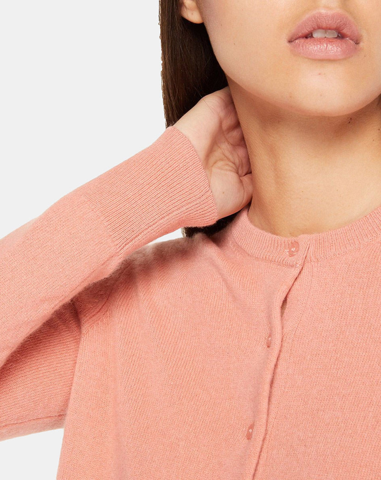 Galeries Lafayette Cardigan 100% Cachemire Yacao col rond rose saumon