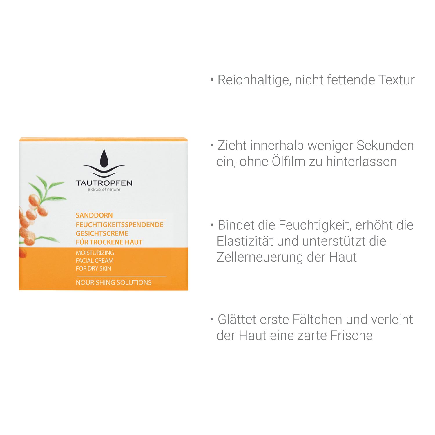 TAUTROPFEN Sanddorn Feuchtigkeitsspendende Gesichtscreme für trockene Haut –  regeneriert & glättet