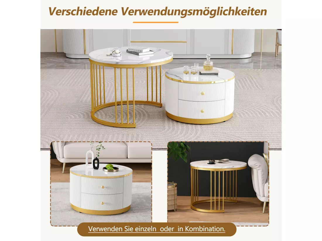 Lot de 2 tables basses gigognes avec 2 tiroirs - 60 x 60 x 45.5 cm + 50 x 50 x 32 cm - Aspect marbre brillant - MDF - Or et blanc