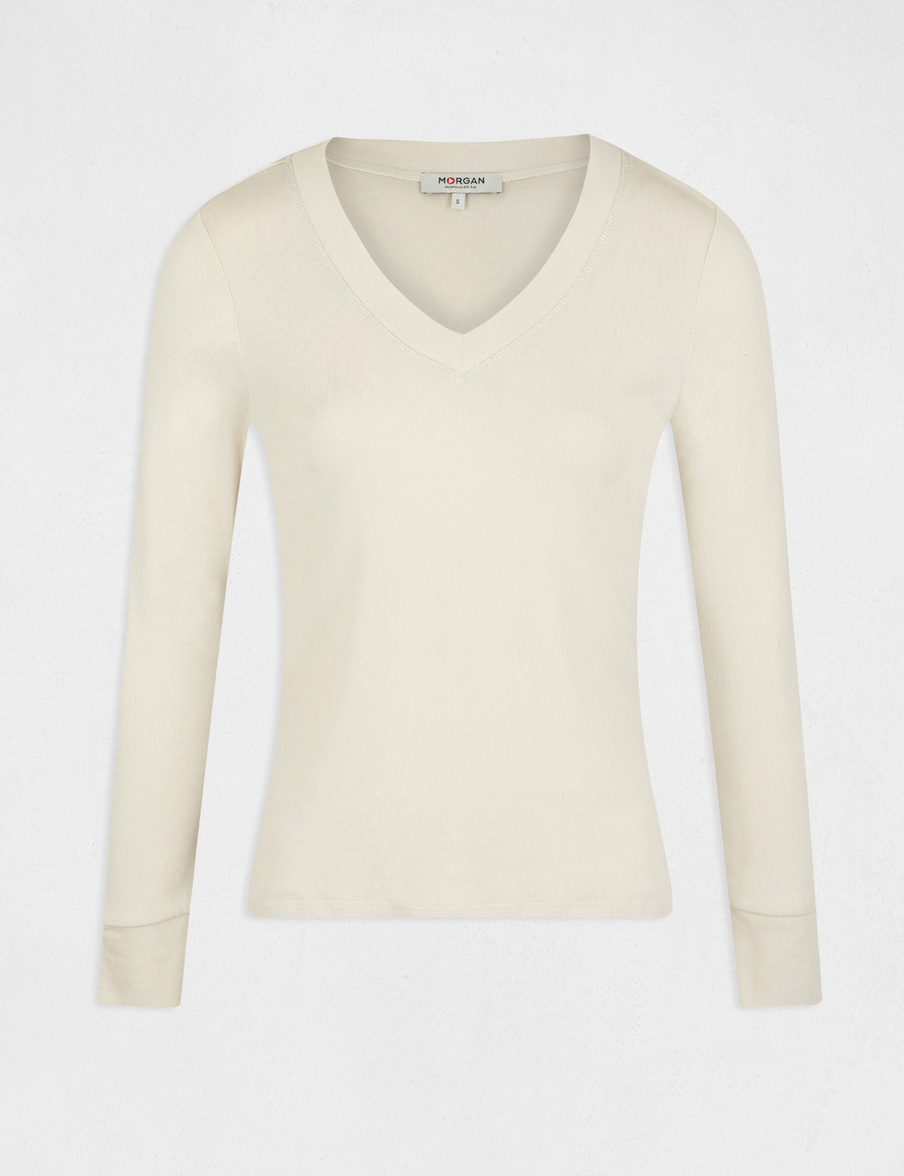 T-shirt manches longues avec col en V beige femme - beige