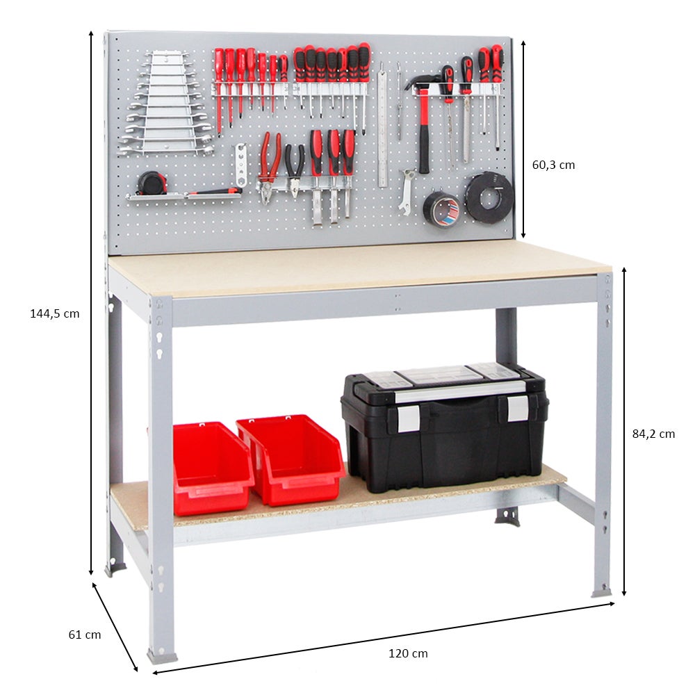 PROREGAL Quick Buffalo werkbank met gereedschapswand en accessoires, Gamma, afmetingen (H x B x D): 84 x 120 x 61 cm, draagvermogen: 600 kg, grijs