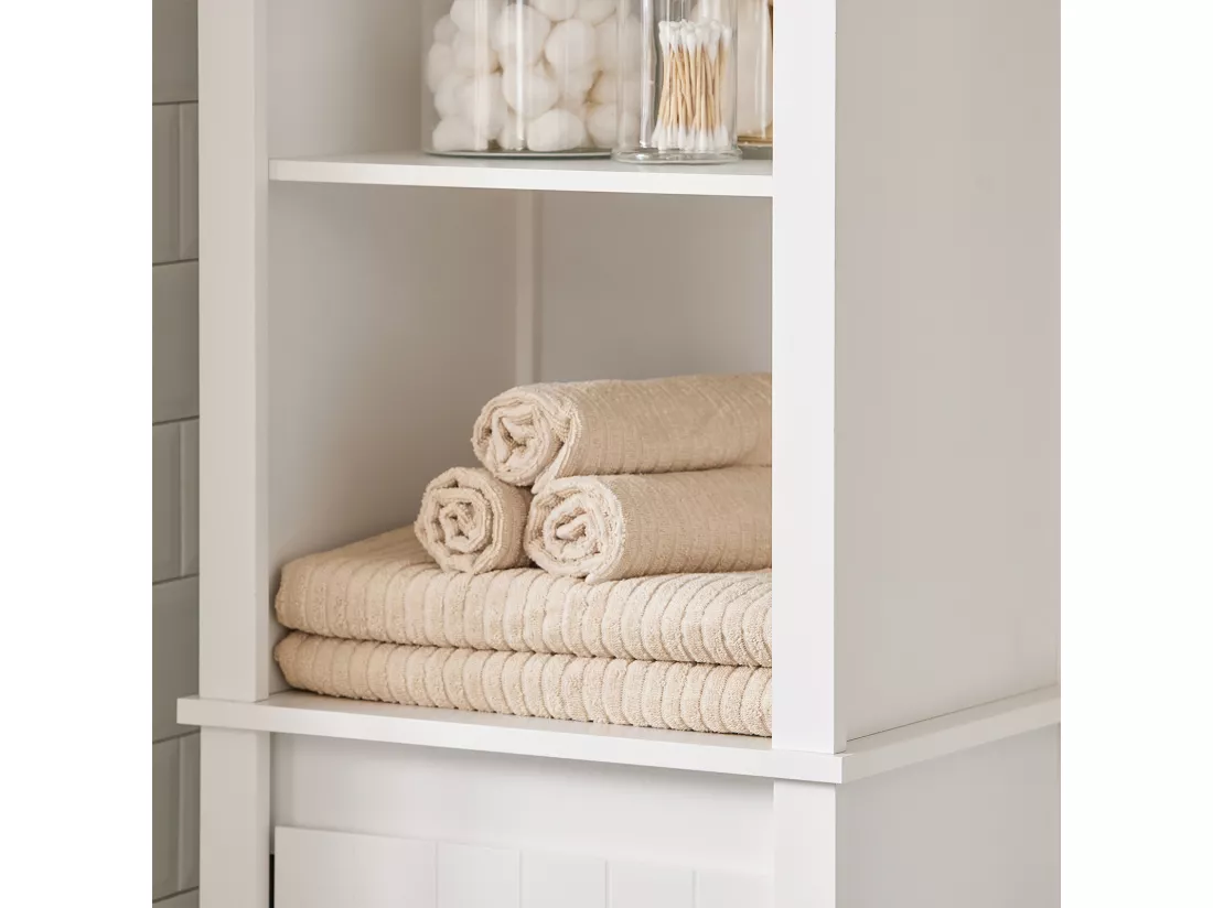 SoBuy BZR102-W Meuble Colonne de Salle de Bain, Armoire Haute, Colonne de Rangement, Meuble Salle de Bain, 3 Étagères, 1 Panier à Linge Amovible