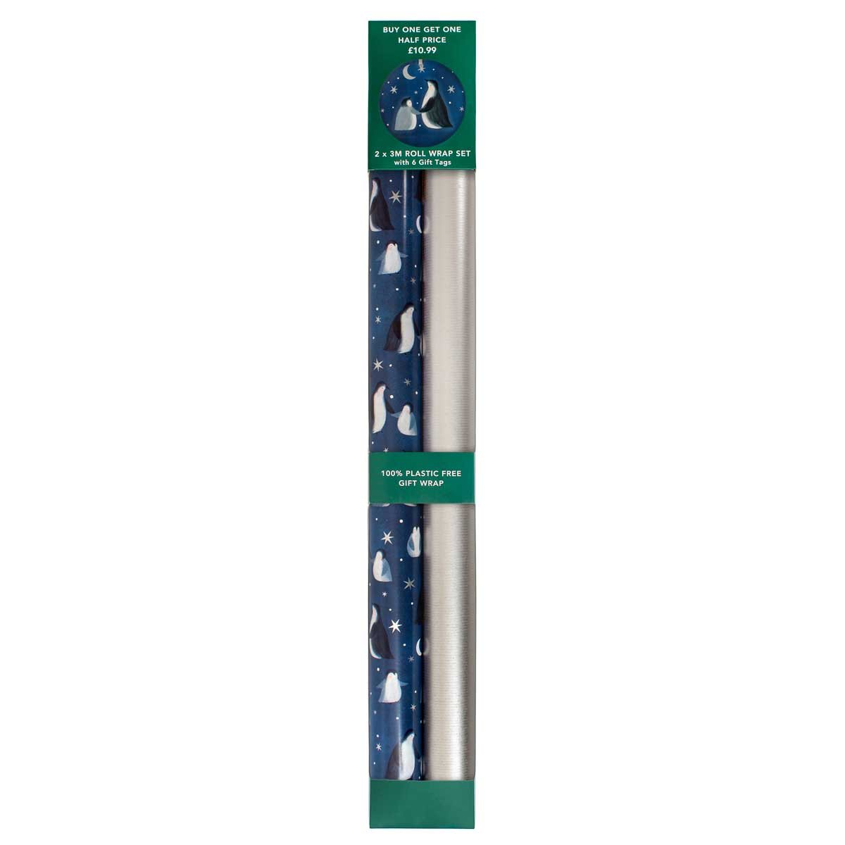 Penguins On Navy Rollwrap Pack X2: 3M Rollwraps & 6 Gift Tags