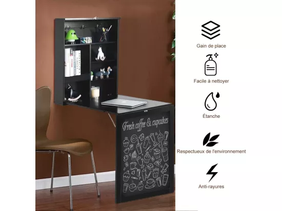 table murale rabattable bureau avec tableau noir, etagère intégrée 75 x 15,8 x 60,1cm
