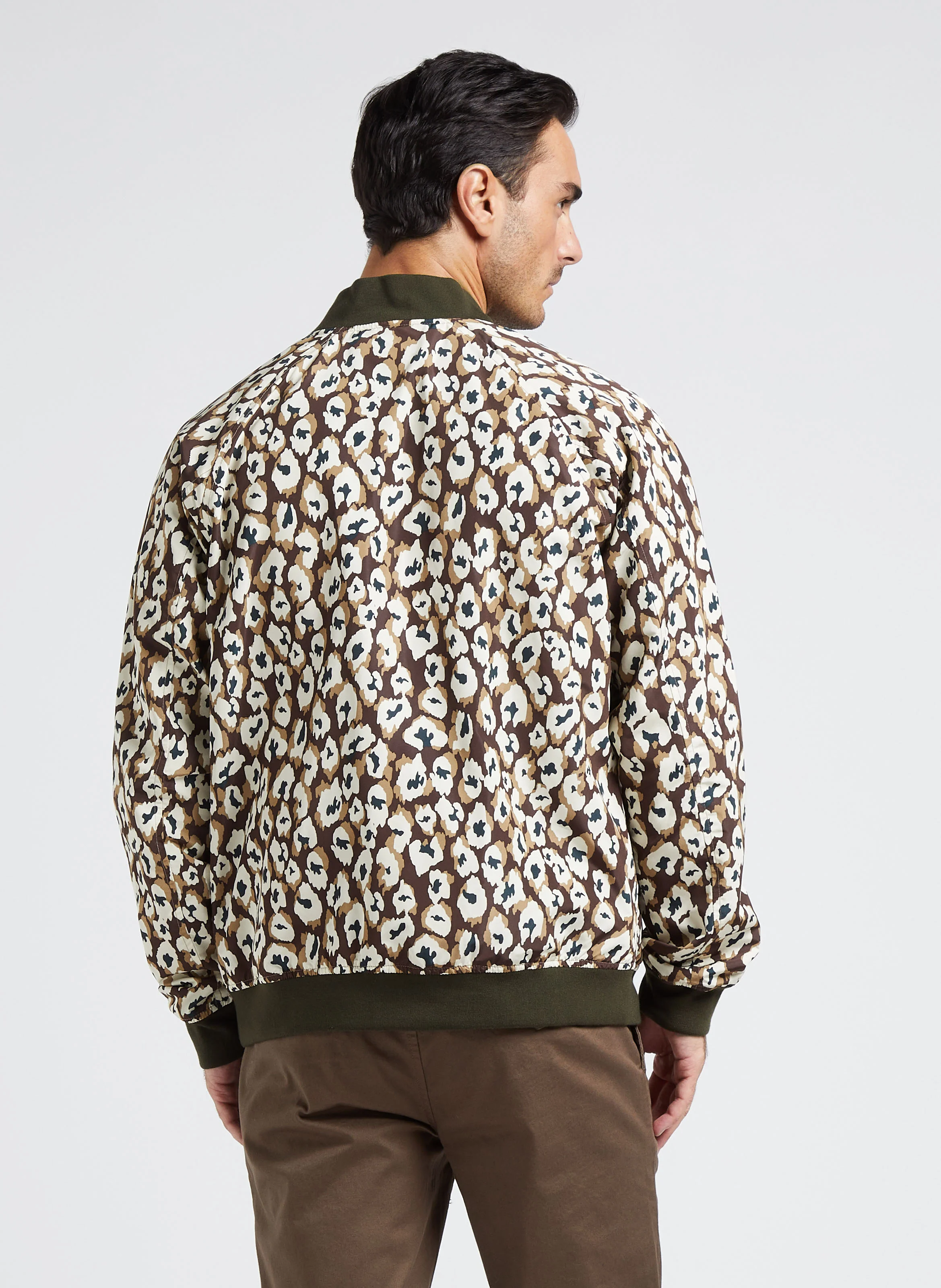 Blouson col rond à imprimé léopard réversible | Kaki