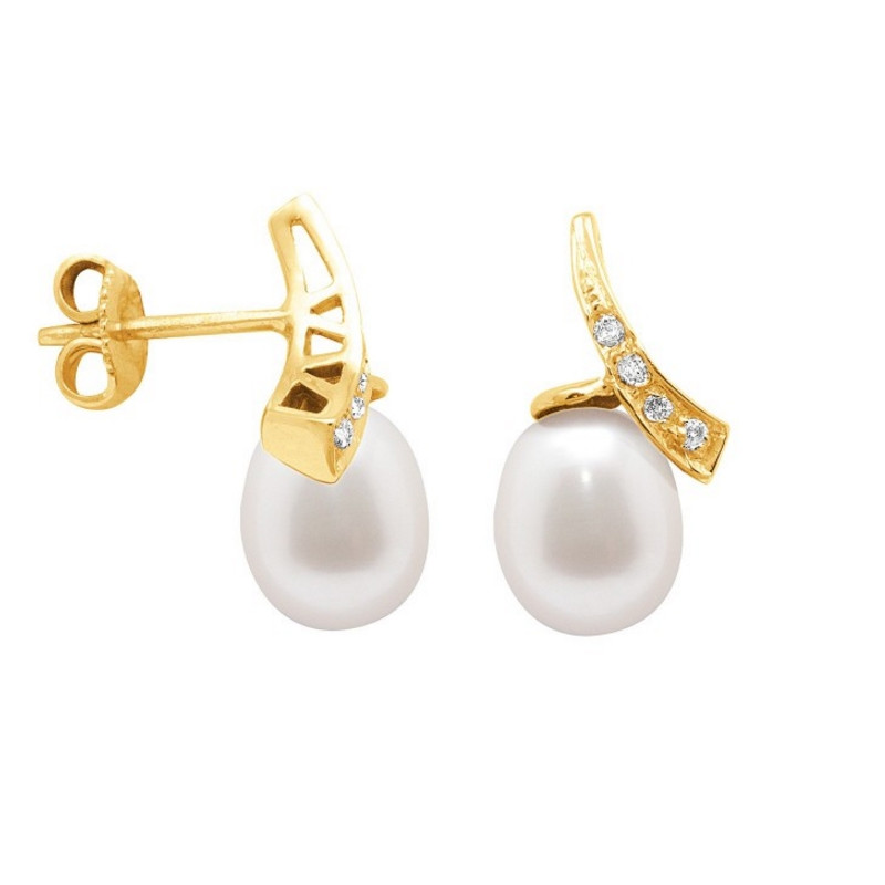 Boucles d'Oreilles Perles de Culture Blanches, Diamants et Or Jaune 750/1000