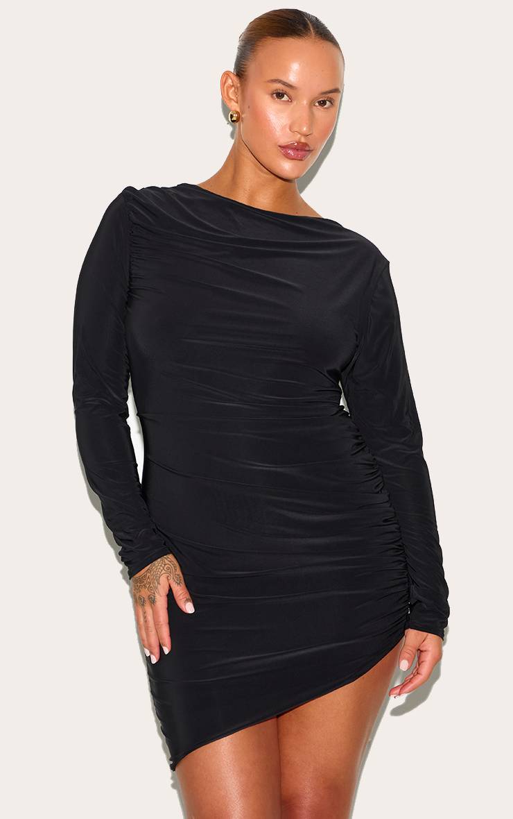 Noir Robe Moulante Mini À Manches Longues Froncée En Jersey Double Épaisseur Grande Taille
