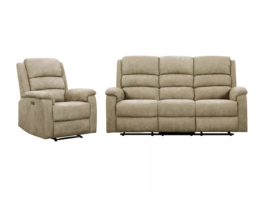Canapé 3 places et fauteuil relax électrique en tissu taupe NEVERS