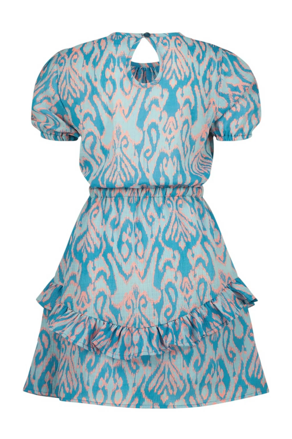 Vingino jurk Paxie met all over print en volant helderblauw/lichtroze