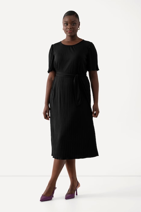 Plissee-Midikleid, A-Linie, Rundhals, Gürtel, Halbarm