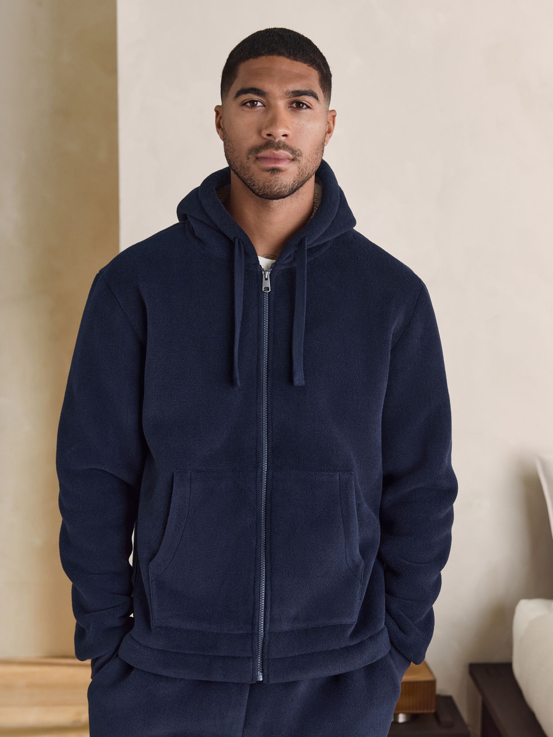 Donkerblauw - Hoodie met geborstelde borg en fleece voering