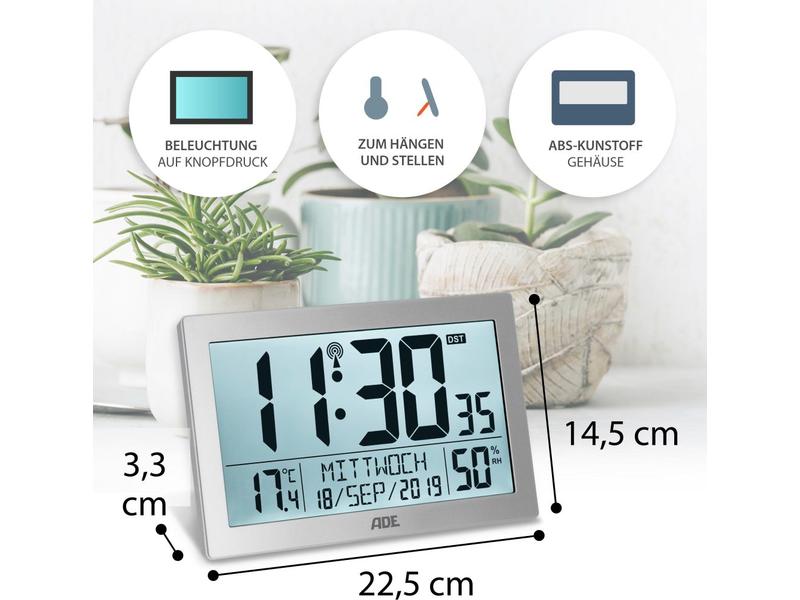 ADE Funk-Wanduhr XL, Silber Wecker mit digitaler Anzeige