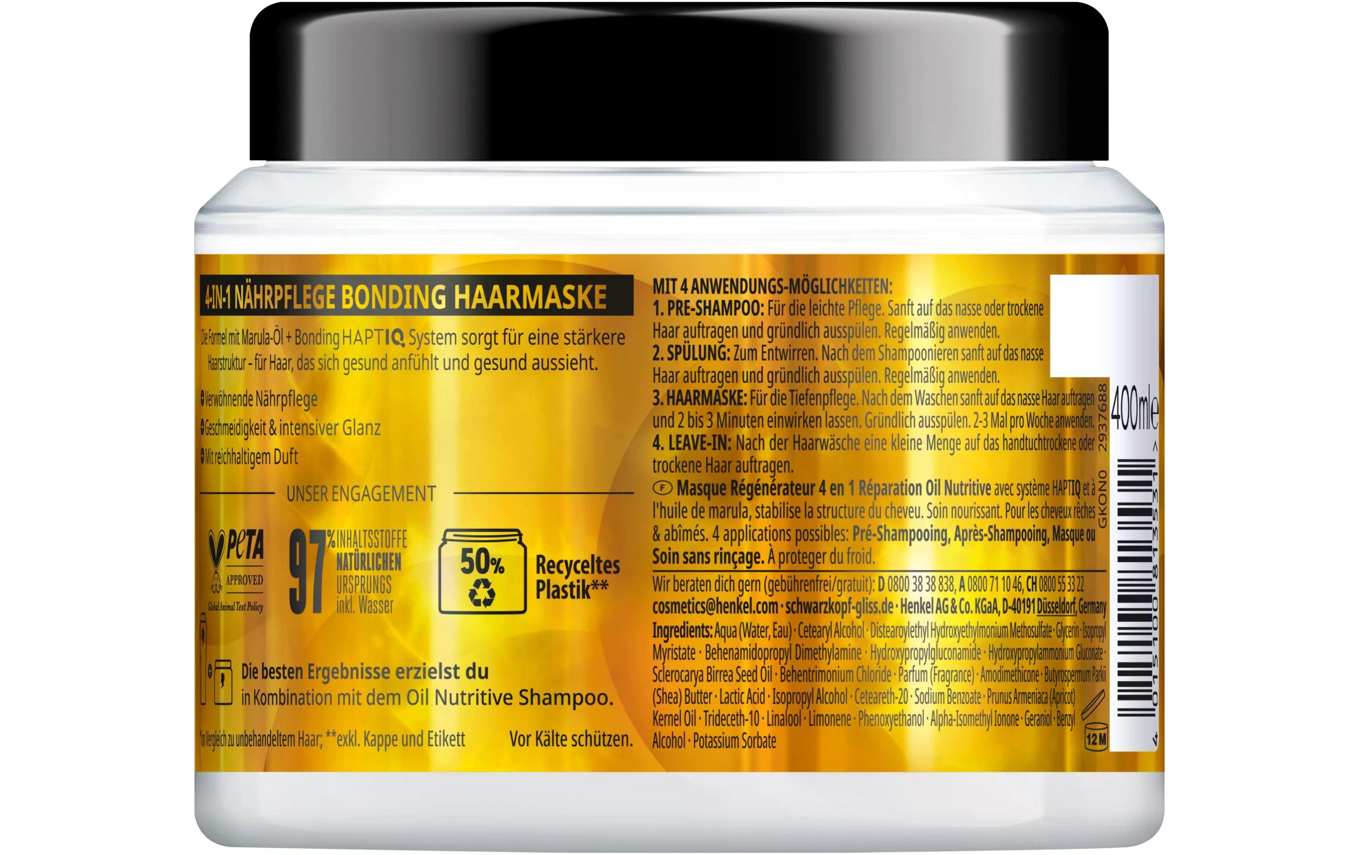Haarmaske Oil Nutritive 400 ml4-in-1 Haarkur bietet intensive Nährpflege für strohiges, strapaziertes Haar