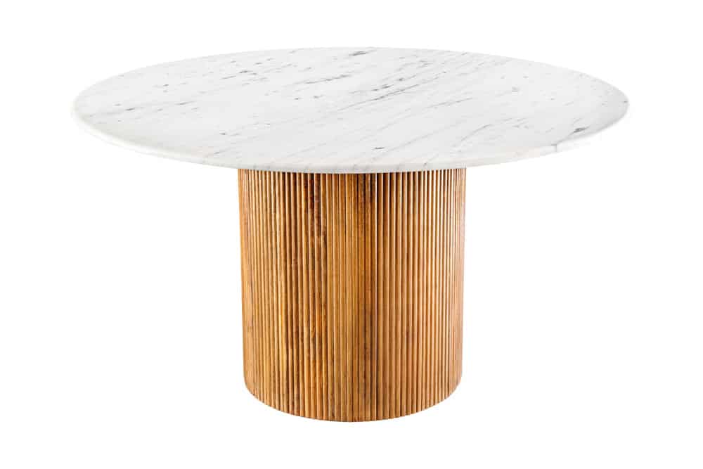 Design Esstisch TRES CHIC 140cm weiß Marmorplatte rund braun Mangoholz