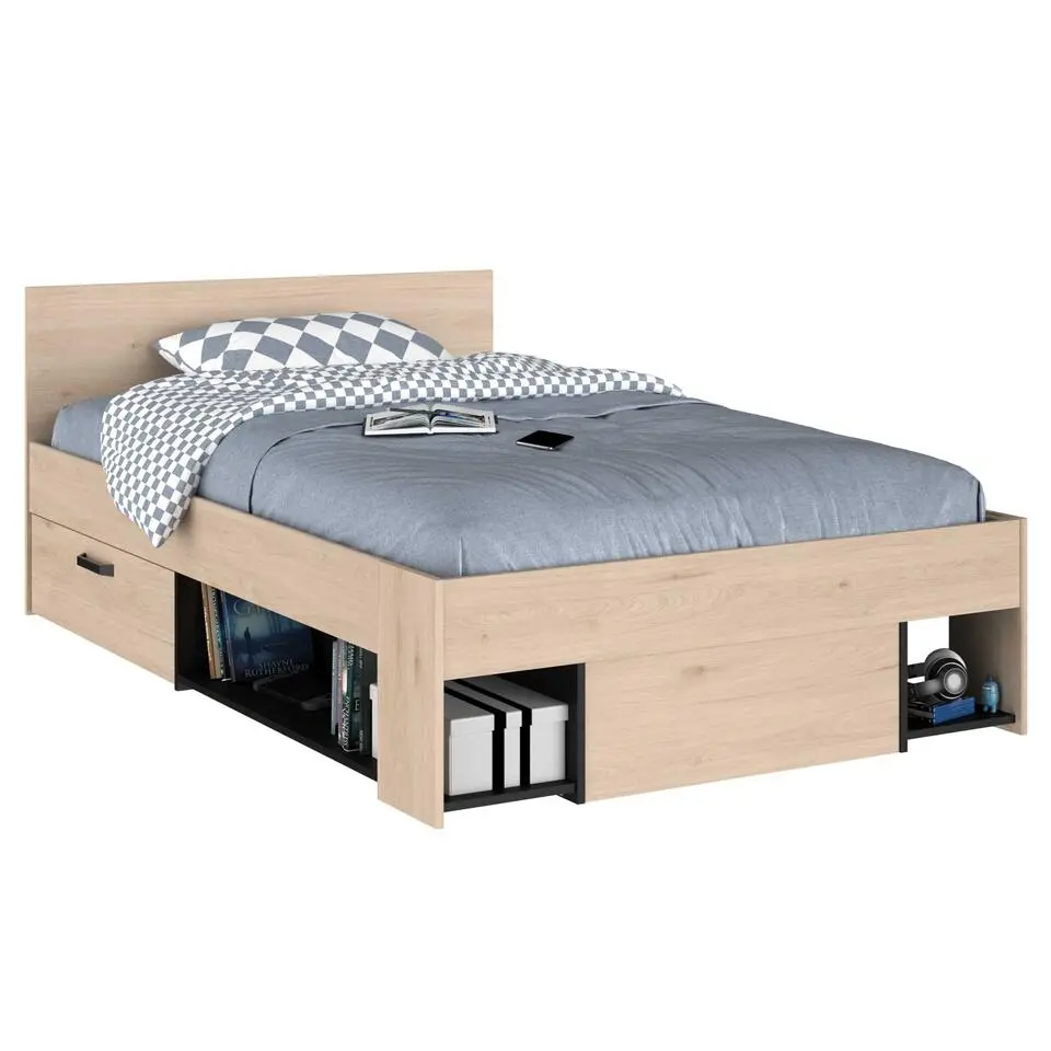 Kinderbed Achiel - 120x200/190cm - met opbergruimte - eikdecor/zwart