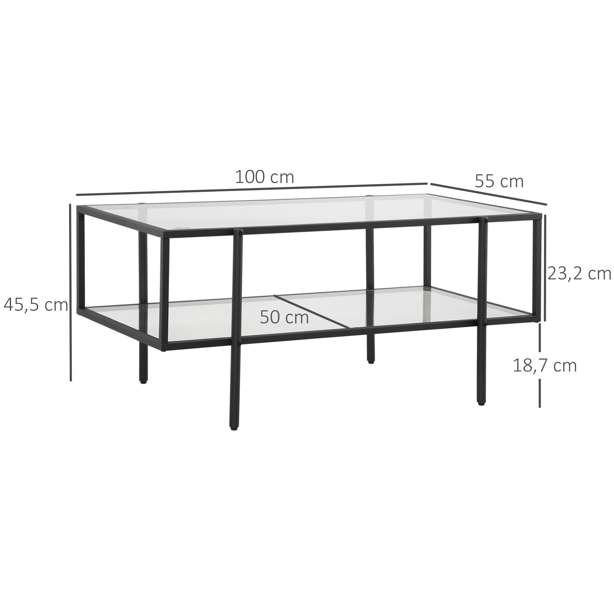 HOMCOM Beistelltisch mit 2 Regalen transparent, schwarz 100L x 55B x 45,5H cm