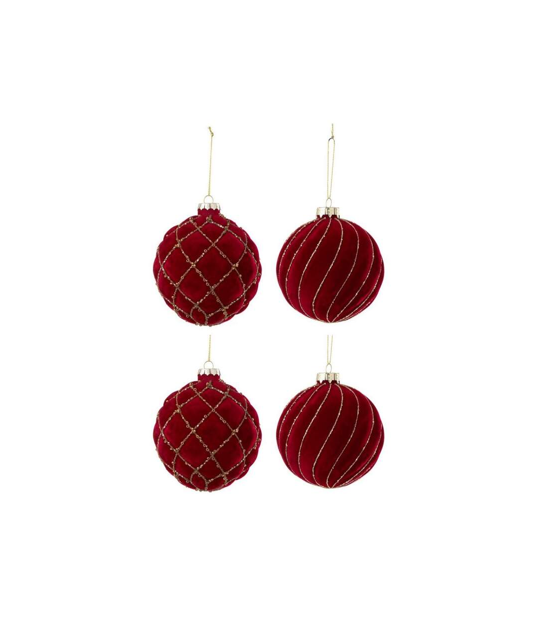Paris Prix - Lot De 4 Boules De Noël Velours caro 10cm Rouge & Or
