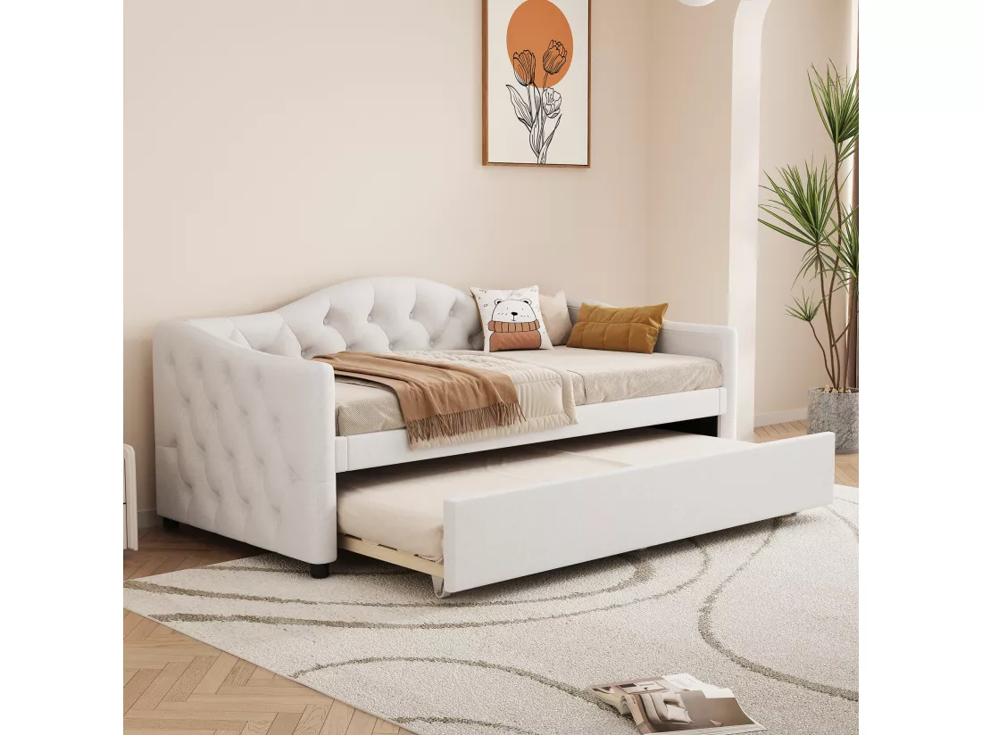 Lit gigogne 90 x 200 cm + lit 90 x 190 cm, canapé-lit - tissu en lin - coloris beige (sans matelas)