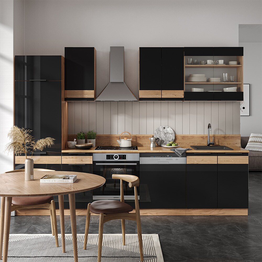 Vicco Küchenzeile Küchenblock Einbauküche Fame-Line Eiche Schwarz 300 cm modern Hochglanz Küchenschränke Küchenmöbel