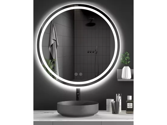 Miroir Rond Salle de Bain avec Eclairage LED, Miroir Maquillage Anti-buée, Miroir Mural 3 Couleurs Dimmable,60x60cm