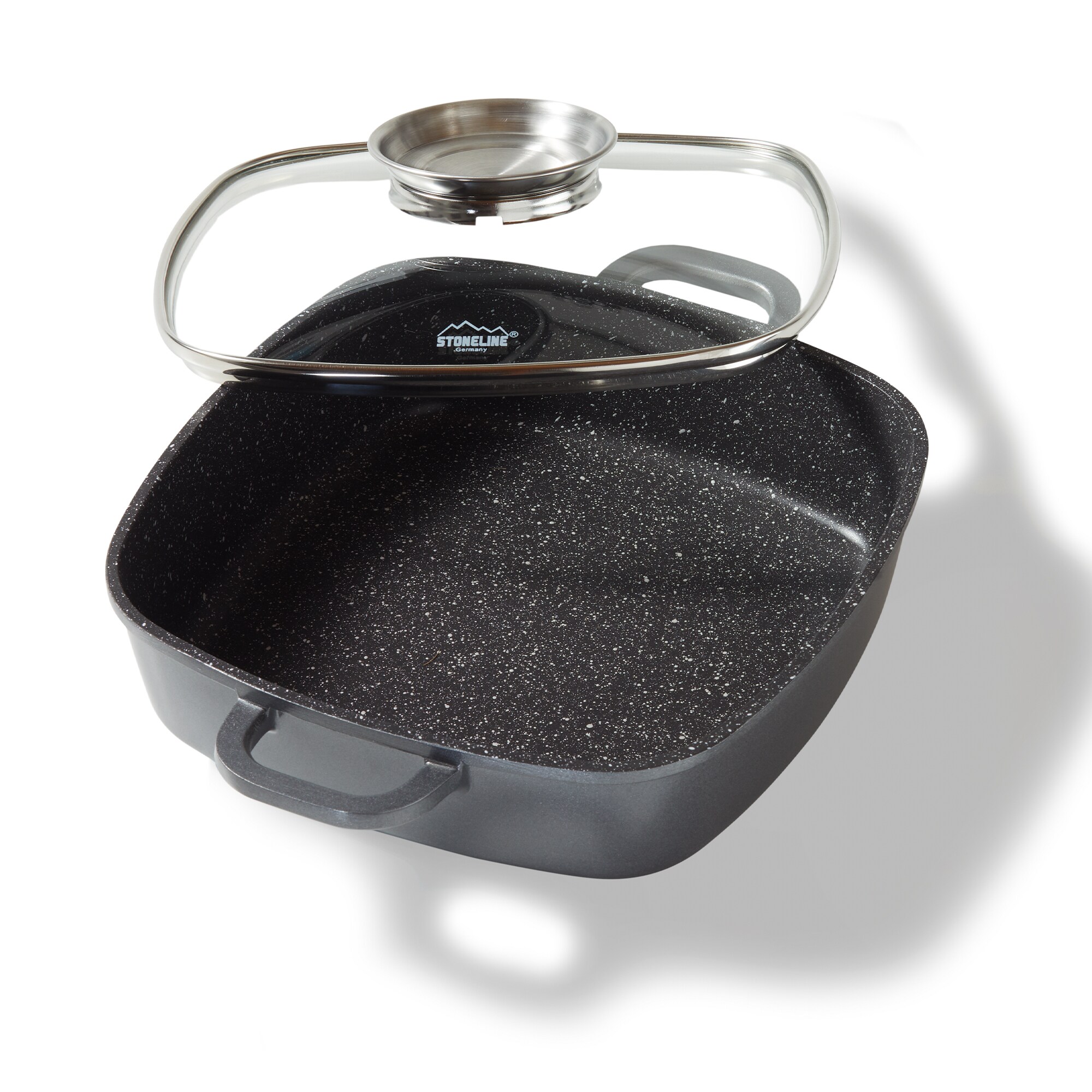 STONELINE® Eckpfanne 24x24 cm mit Aroma Glasdeckel, Pfanne rechteckig, Backofen & Induktion geeignet