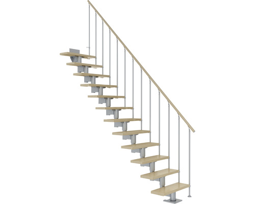 Pertura Chiron middentrap, parelgrijs, recht, 75 cm, balustrade, esdoorn gelamineerd hout, gelakt, 11 treden / 12 stootborden