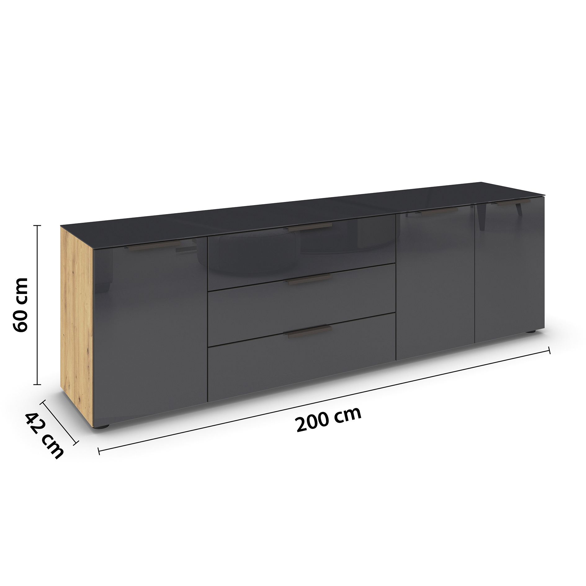 Lowboard - Artisan Eiche - Glas basalt - 199 cm