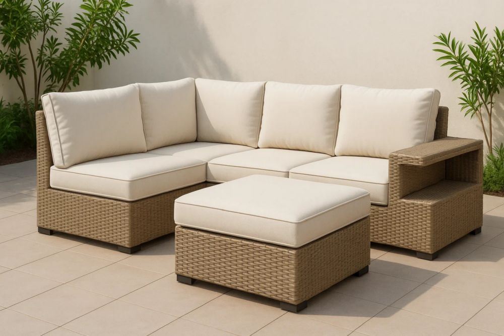 Gartenmöbel-Set Ecksofa mit Hocker Beige Polyrattan 210x140x68 cm Polyesterkissen