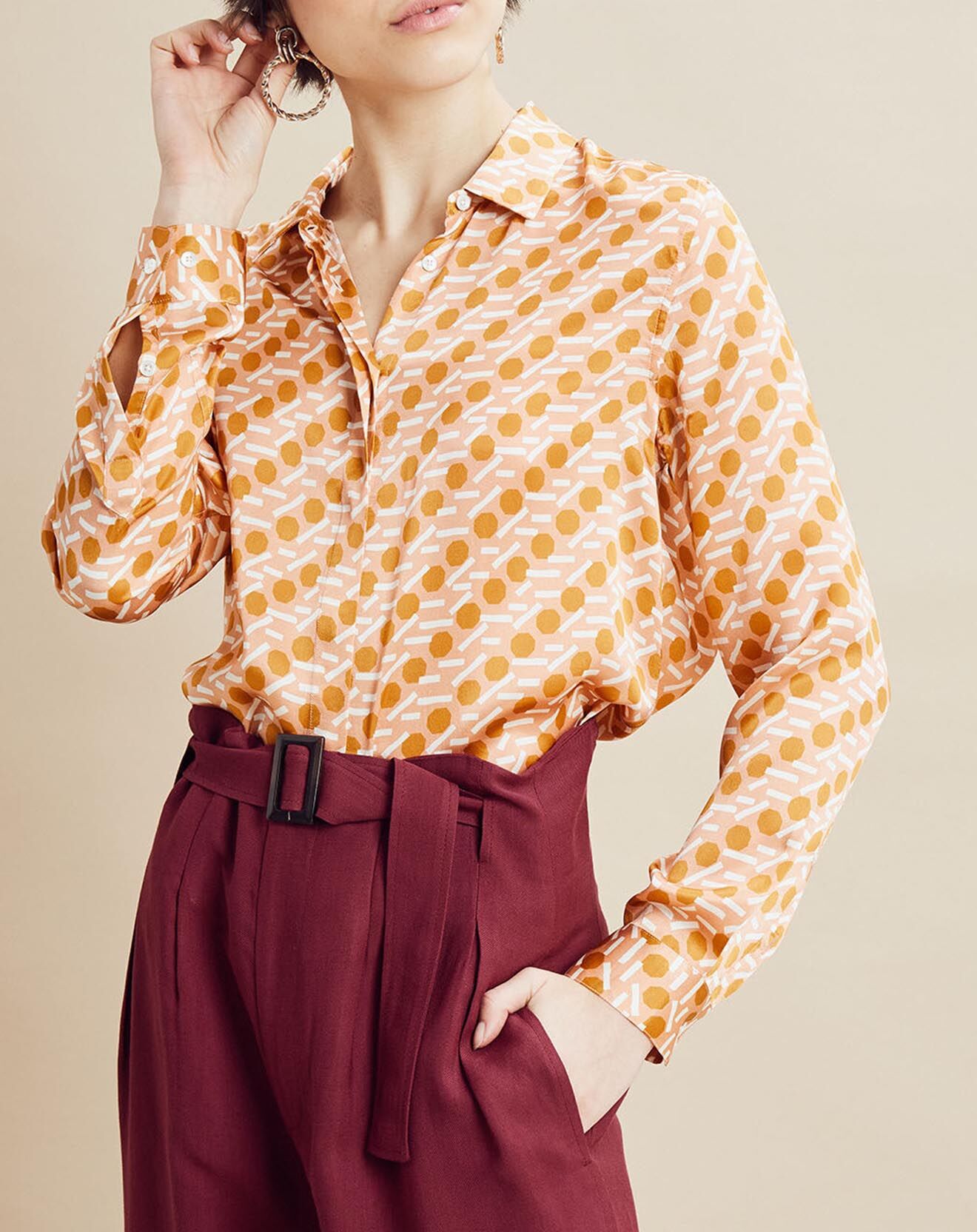 Chloé Stora Chemise 100% Soie imprimée Cila rose/ocre