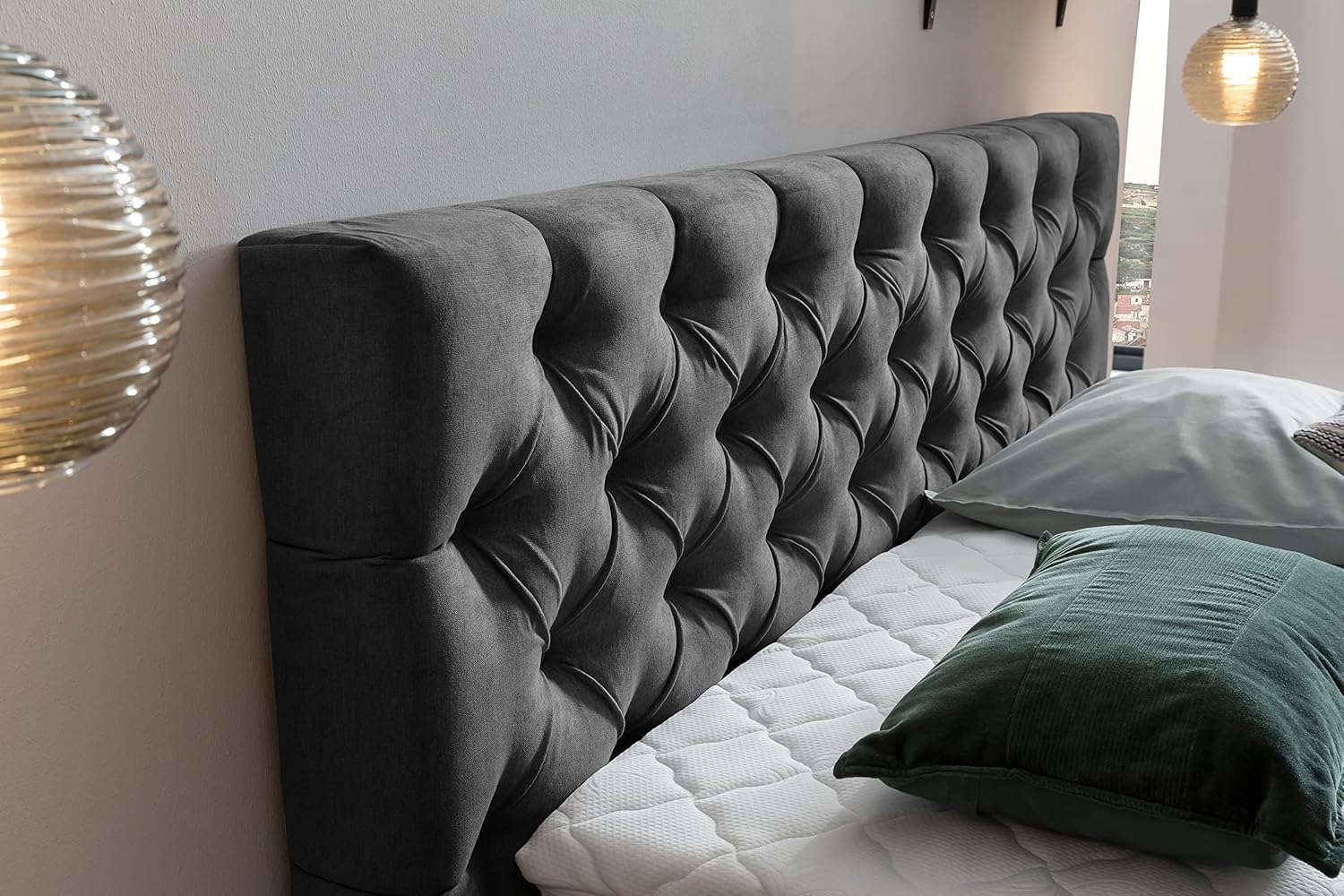 Belanoti ® Lara Boxspringbett 160x200 mit 4 Schubladen Stauraum Bett 160x200 mit Bettkasten in der Farbe Dunkelgrau H2/H3 Chesterfield Kopfteil 7-Zonen Taschenfederkern Matratze inkl. Visco Topper