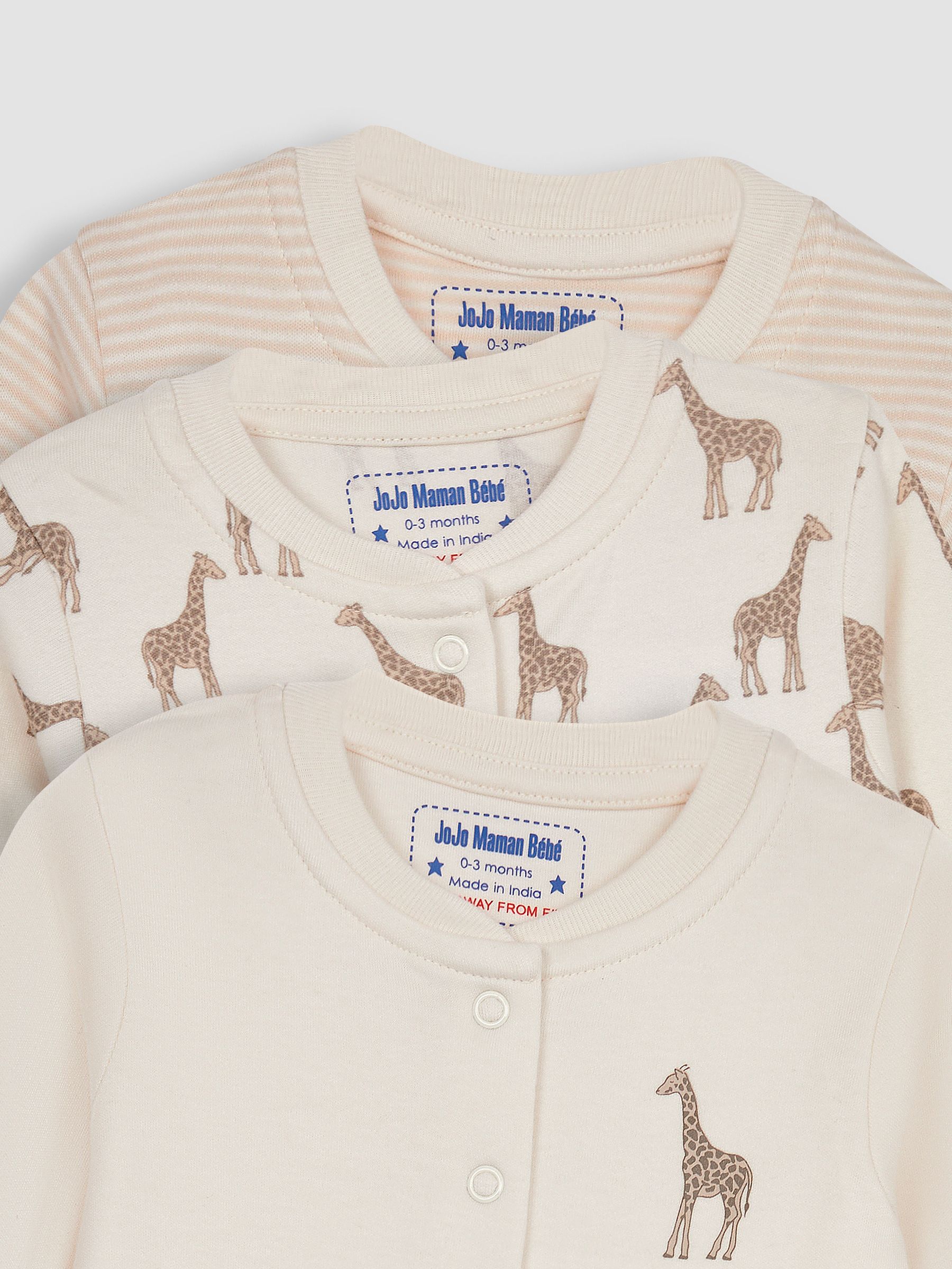 Naturel met giraf - JoJo Maman Bébé Cotton Footed Animal Print Sleepsuits 3-Pack
