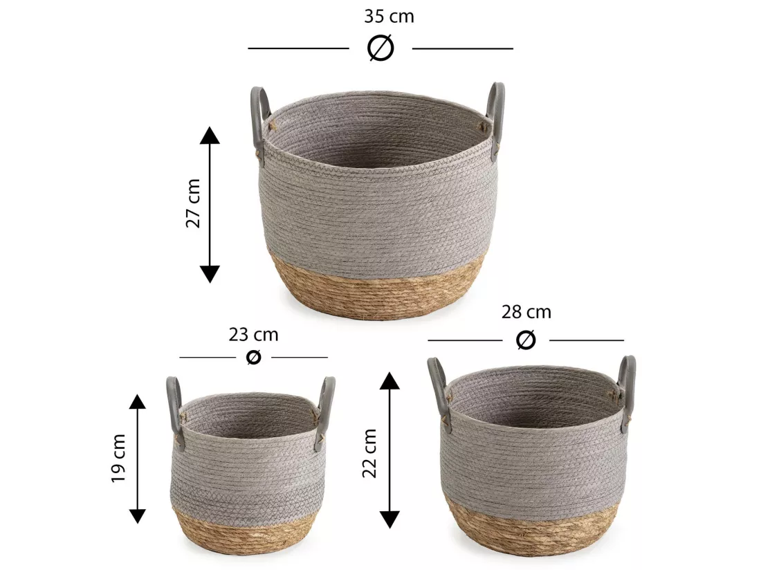Set de 3 paniers Neves fibre naturelle et papier, gris/naturel