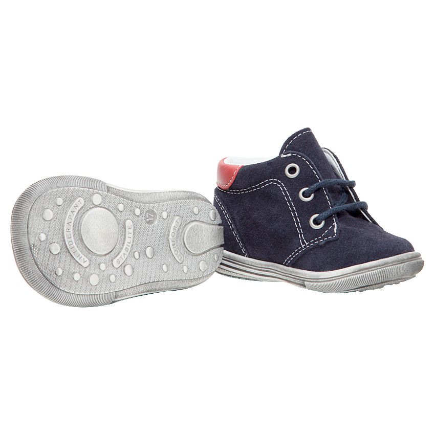 Bottillons en cuir suédé à lacets avec touches de rouge - Bleu marine