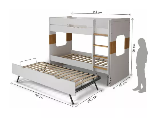 Lit superposé gigogne 90x190 cm panneaux de fibres blanc LEJI