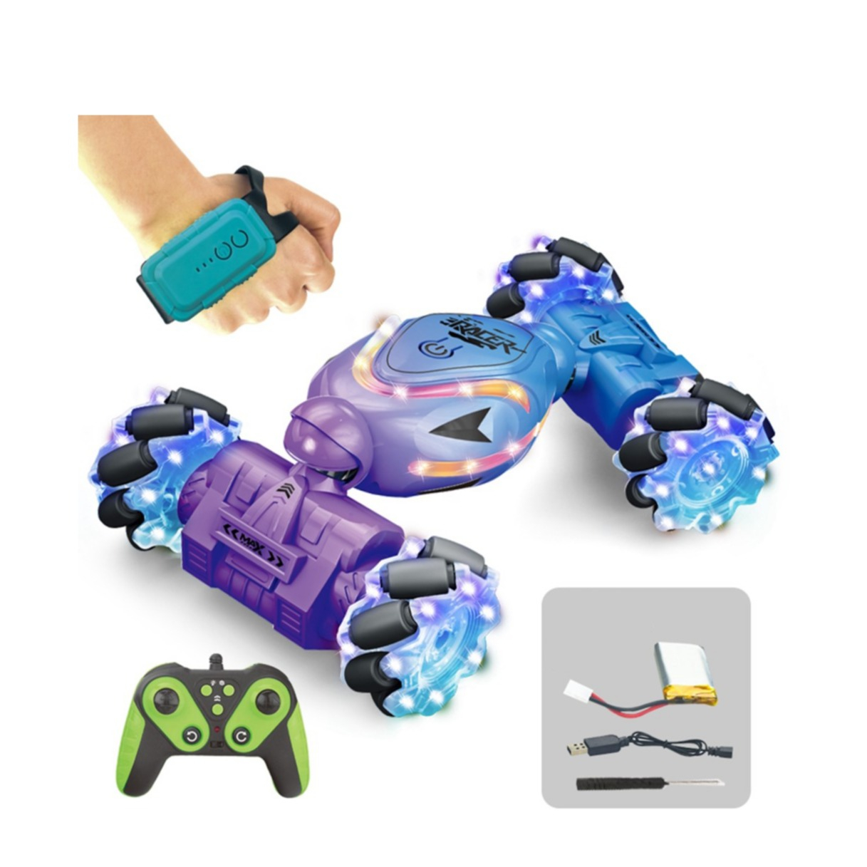 (22x13cm) Ferngesteuertes 2.4GHz RC Spielzeug Auto Stunt Car mit 360° Drehung / LED Licht / Sound Effekte (Batteriebetrieben) - Blau / Lila