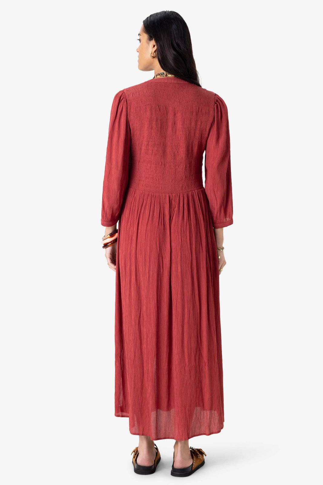 Donkerrode maxi jurk met smock details