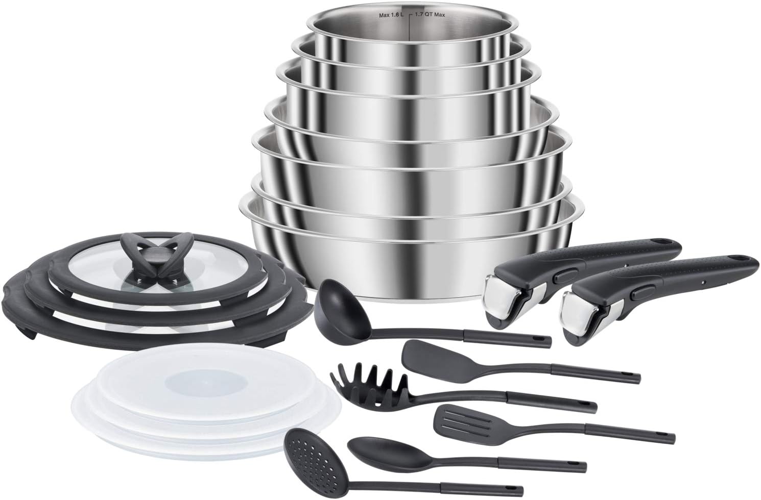 Seb Compact Inox Batterie de cuisine 10 pièces, Induction, Poêles 22/24/26 cm, Casseroles 16/18/20 cm, Sauteuse 24 cm, Couvercles 18/20 cm, 1 poignée L953SA04, Noir, argent, ‎35.4 x 35.29 x 26.8 cm