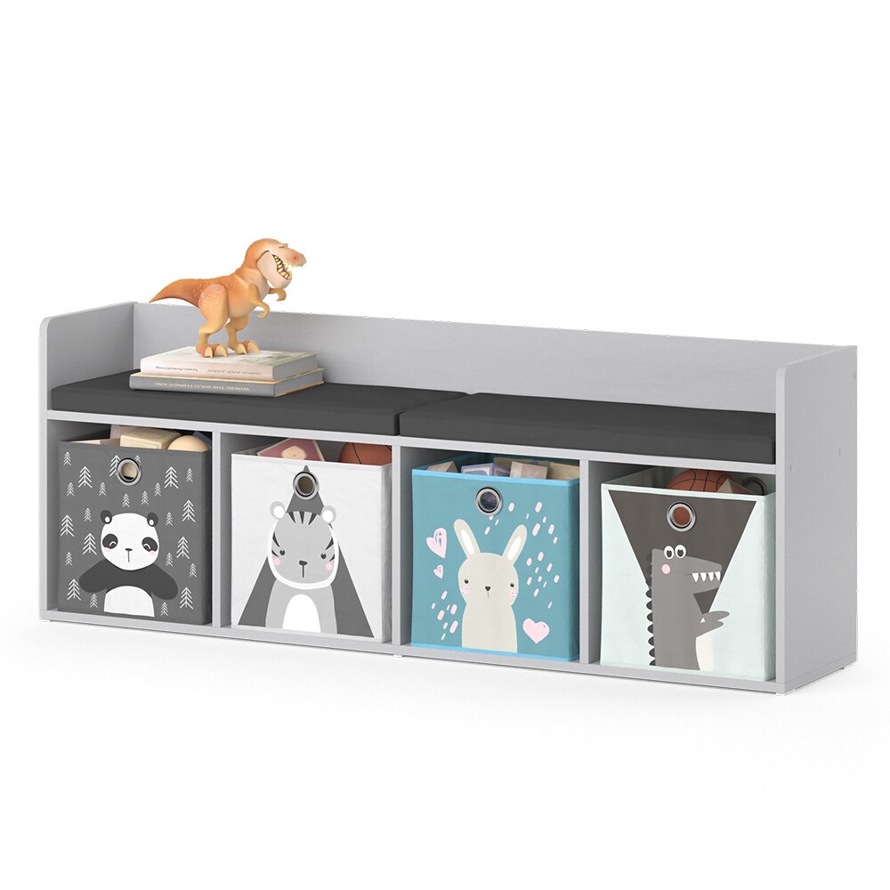 Vicco Sitzbank Kinderzimmerbank Kinderregal Luigi Hellgrau 142x53 cm modern Faltbox Kinderzimmer Regal Aufbewahrungsregal Bücherregal Lesebank Spielzeugaufbewahrung Organizer Regal-Bank-Kombi 4 Fächer
