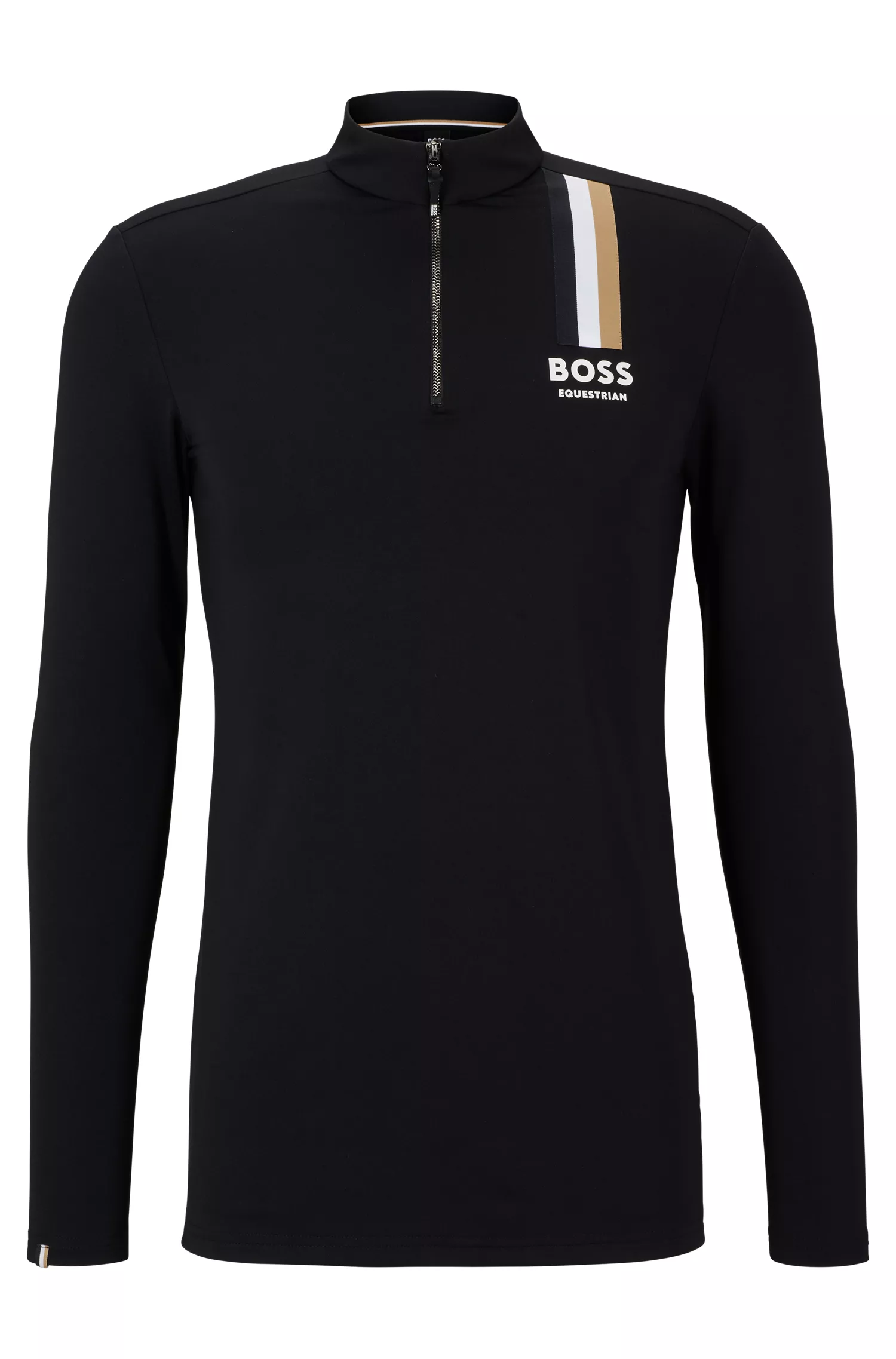 Camisa de treino BOSS preta para equitação com listra e logotipo característicos.