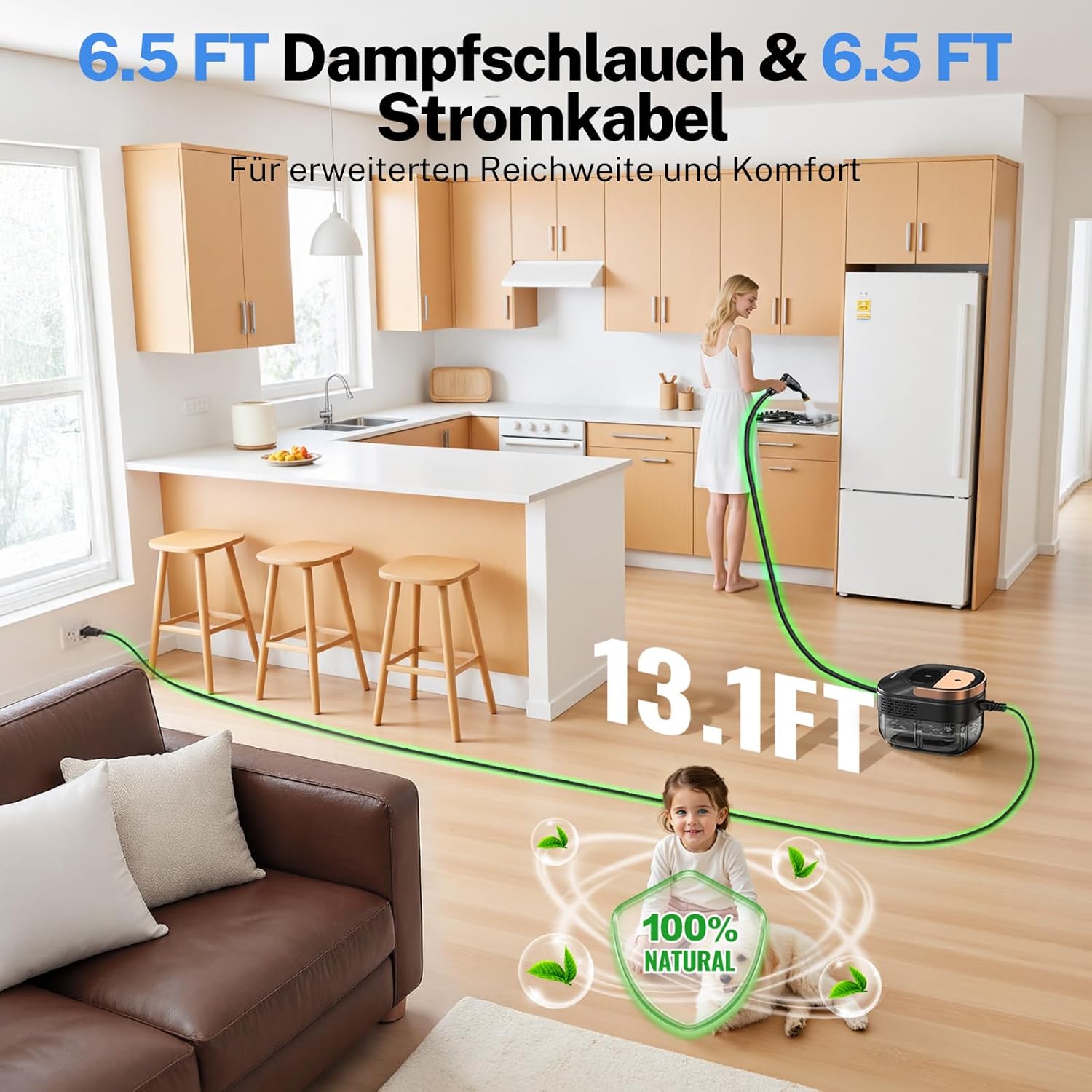 ODSD Dampfreiniger für Haushalt und Auto, 3-stufig einstellbarer Dampfreiniger, 15 Sekunden Aufheizzeit und 1,6 l großer Tank, Handdampfreiniger für Autos, Haushalt, Küche, Fenstern,Boden