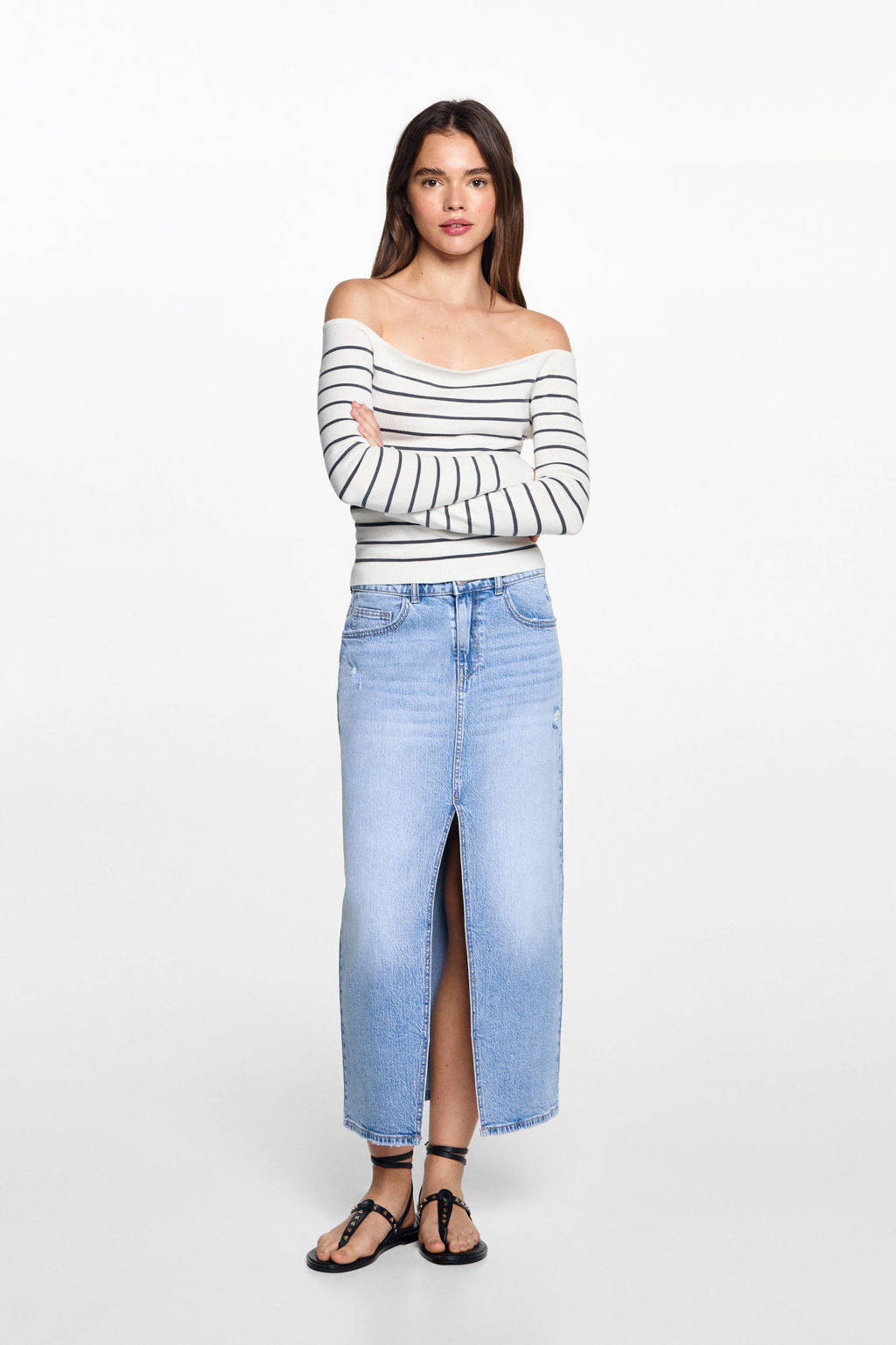 MANGO TEEN gestreepte fijngebreideoff shoulder top wit/donkergrijs