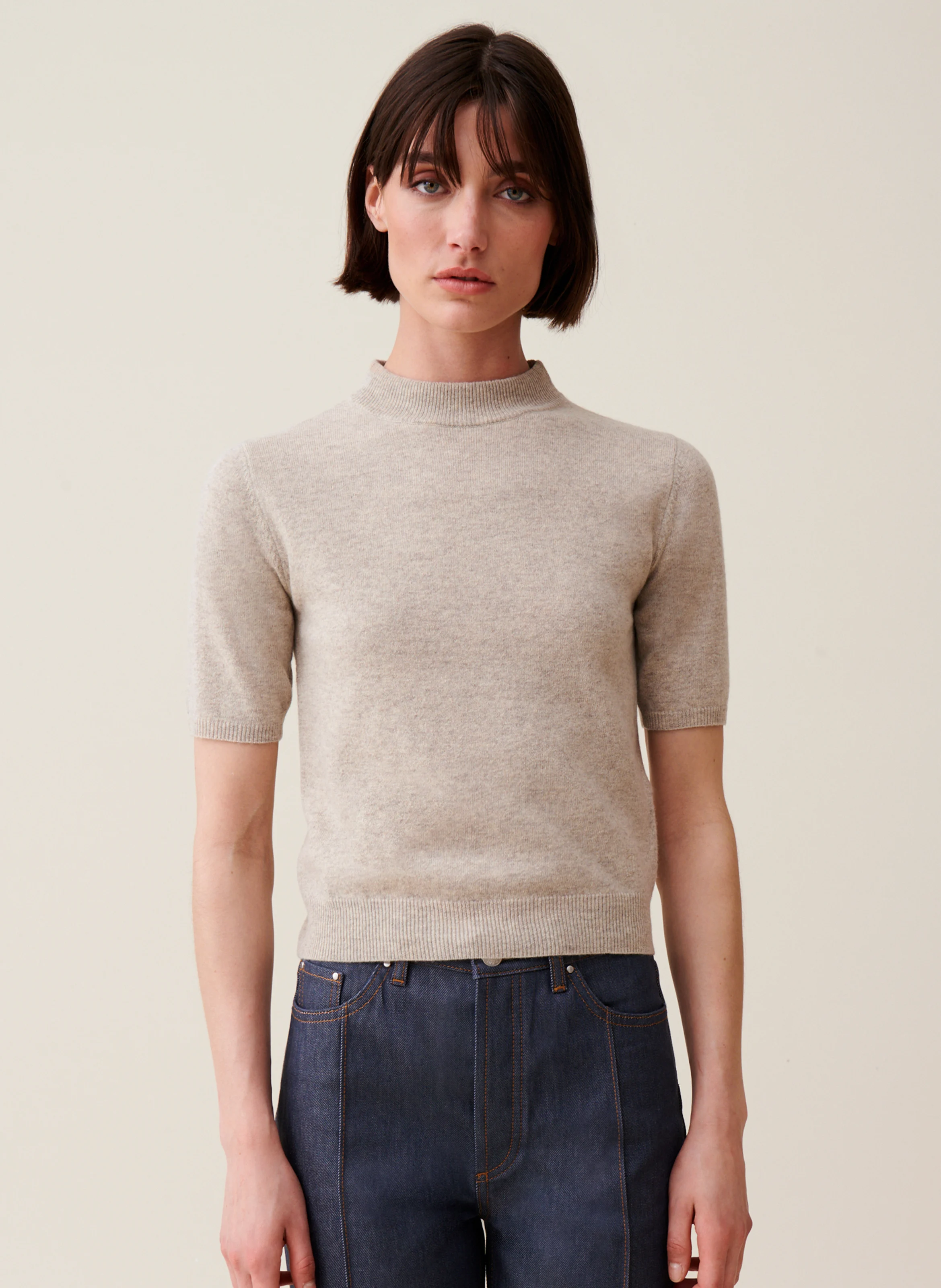 Pull manches courtes en laine | Beige