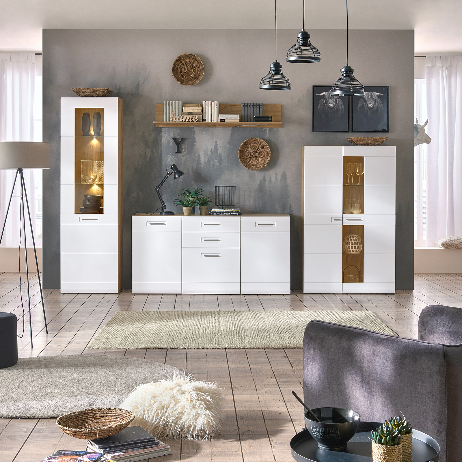 Luca Bessoni Highboardvitrine AURIS - weiß-Flagstaff Eiche - 95 cm