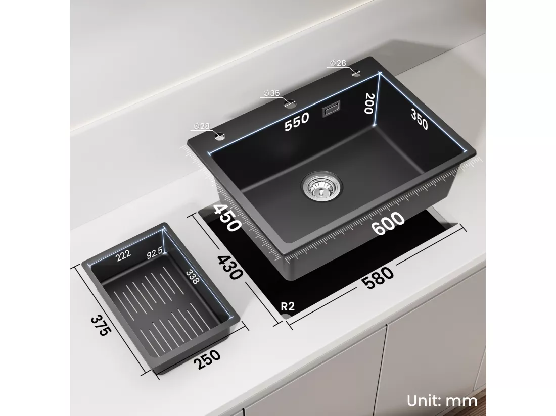 Cecipa max Evier en Quartz 60*45cm, avec Panier de Vidange et Distributeur de Savon Gratuits + Mitigeur de Cuisine avec Douchette Extractible Noir