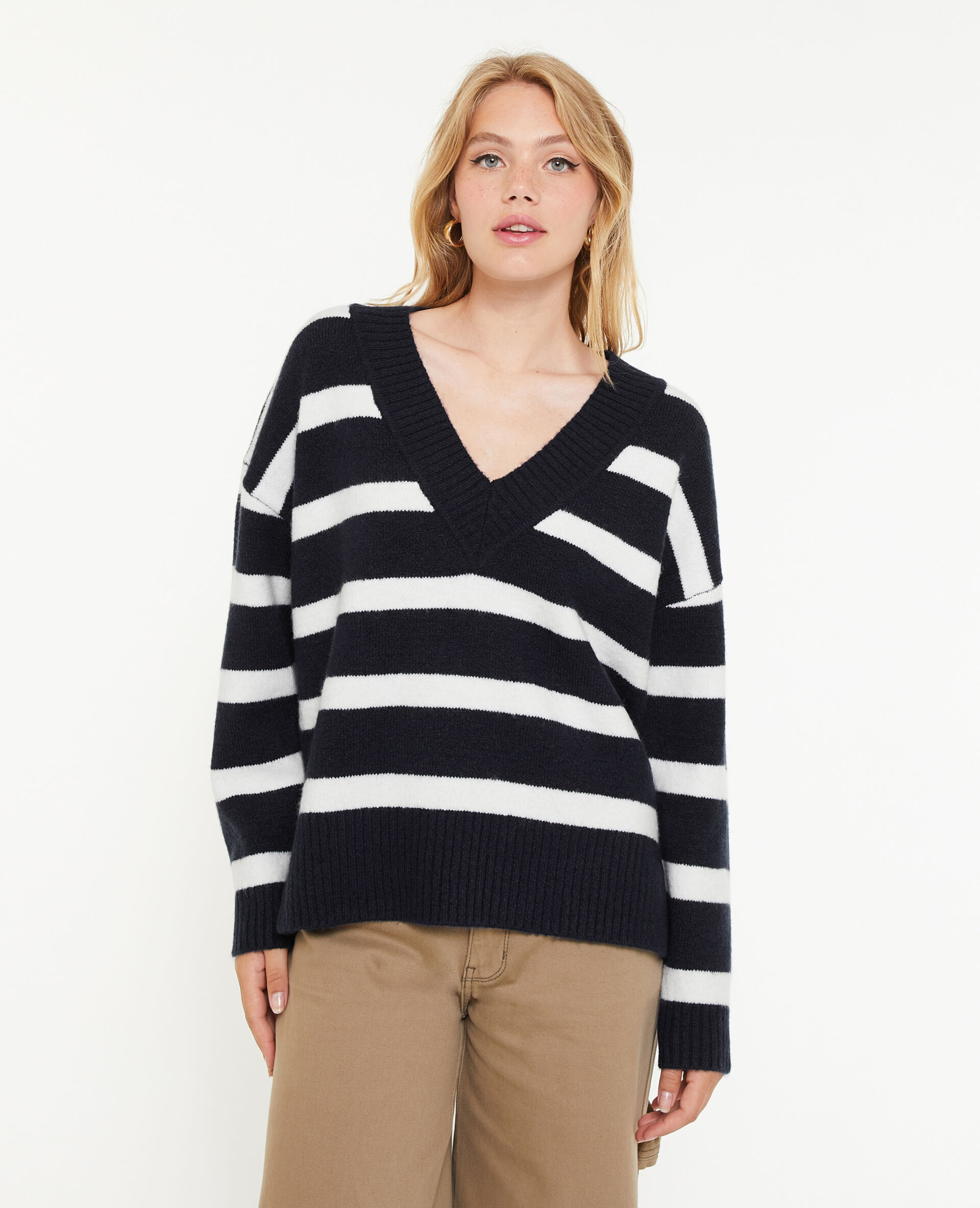 Pull droit rayé avec grand col V - Bleu marine