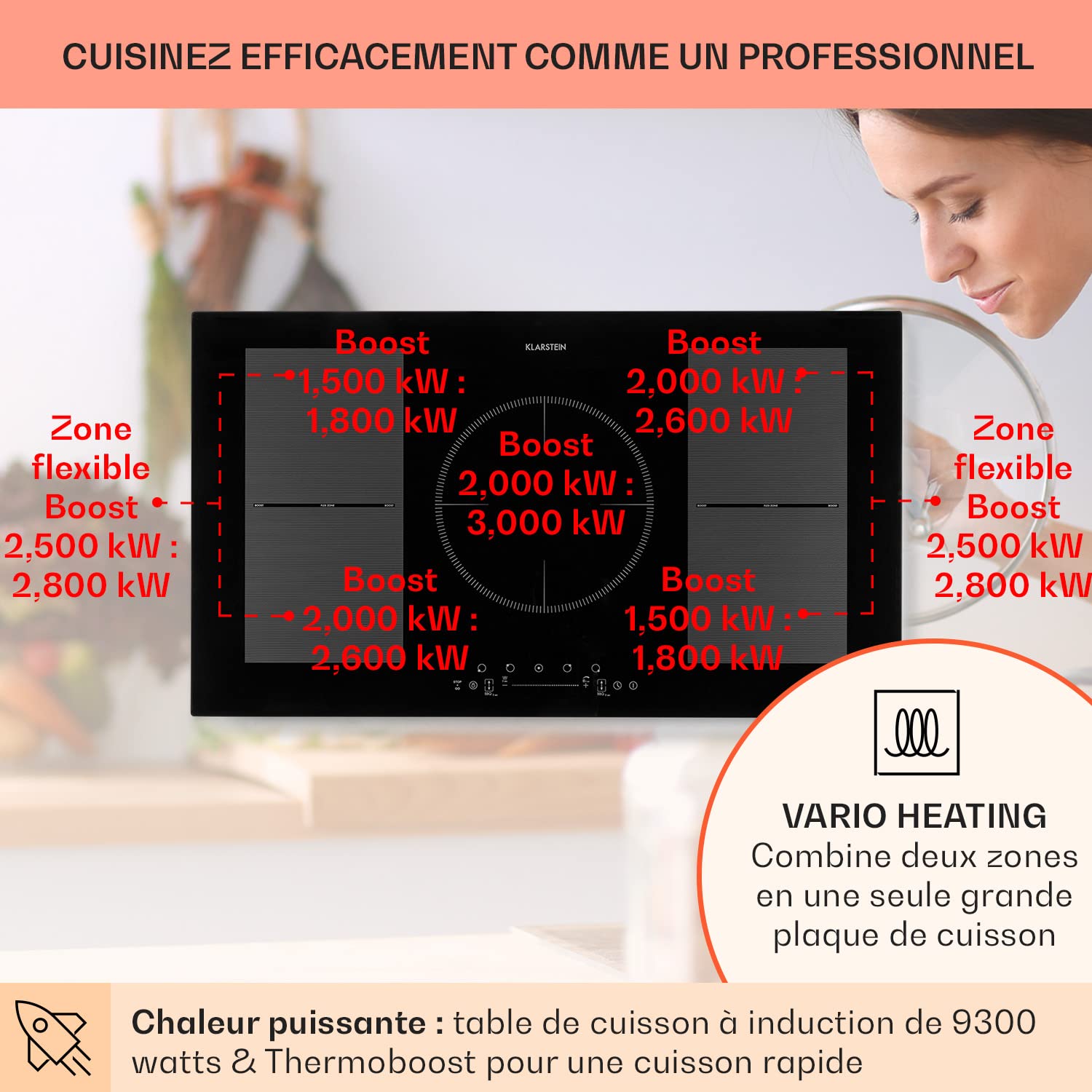 Klarstein Plaque de Cuisson Electrique à Induction 9300W, Plaque Encastrées 5 Feux, Tables de Cuisson Encastrable, Contrôle Tactile, Rechaud pour la C