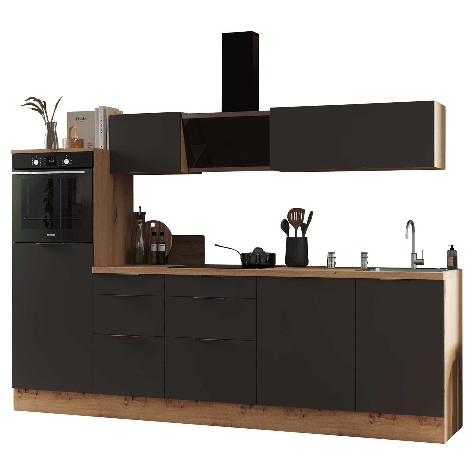 RESPEKTA Küchenblock - grau matt - Artisan Eiche - mit E-Geräten - 280 cm