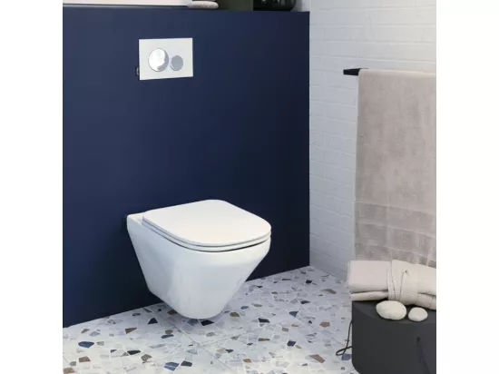 Pack WC suspendu sans bride JACOB DELAFON Modern Life + abattant + bâti-support + plaque ronde chromé